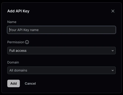 Resend's Create API Key form